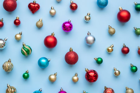 Christmas ball bauble pattern minimal flatlay on blue pastel background top viewの写真素材