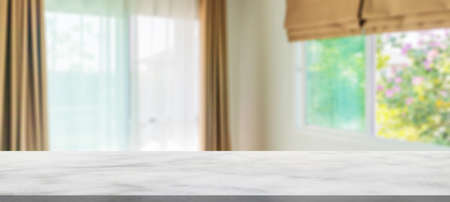 Marble table top with window curtain room interior backgroundの写真素材