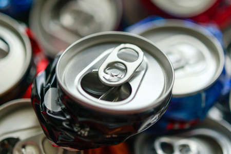 recycle aluminum metal crushed can waste backgroundの写真素材