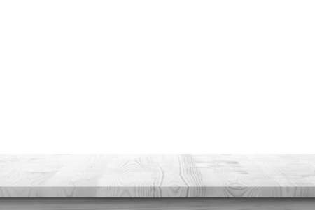 Empty white wooden table top isolated on white backgroundの写真素材