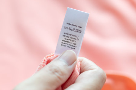 Hand hold and reading at white laundry care washing instructions clothes label on pink shirtの写真素材
