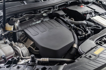 modern car engine under hood close up detail