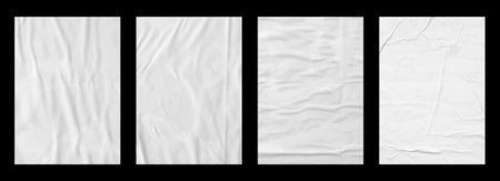 white crumpled and creased paper poster texture set isolated on black backgroundの写真素材