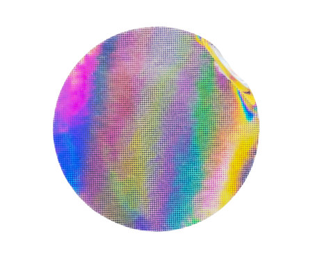 Blank round adhesive holographic foil sticker label isolated on white backgroundの写真素材