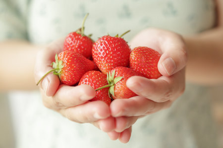 Woman hands holding fresh red strawberries close upの写真素材