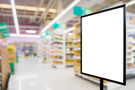 Blank price board with fresh food in supermarket abstract blurred backgroundの写真素材