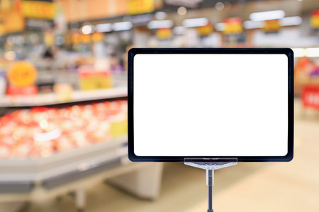 Blank price board with fresh food in supermarket abstract blurred backgroundの写真素材