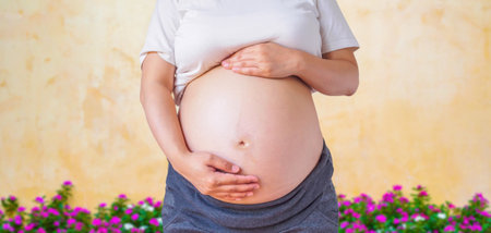 pregnant woman holding her pregnant belly in the gardenの写真素材
