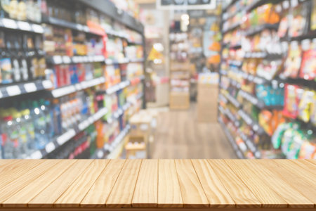 Empty wood table top with supermarket blurred background for product displayの写真素材
