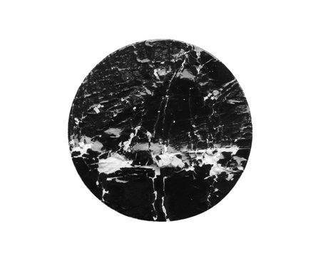 Black old scratched round paper sticker isolated on white backgroundの写真素材