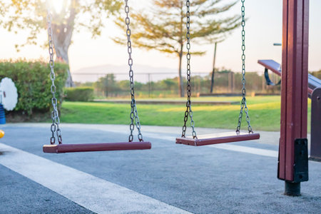 Empty chain swing in the playgroundの写真素材