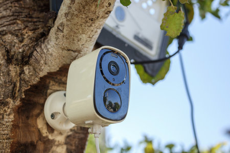 Security IP CCTV camera using solar energy install on the tree for home security systemの写真素材