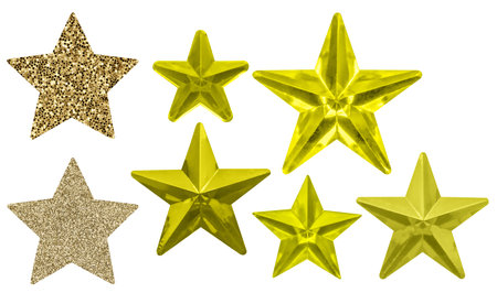 Golden Christmas star ornament bauble set isolated on white backgroundの写真素材
