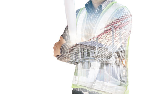 Double exposure image of professional engineer in protective helmet and blueprints paper at building...