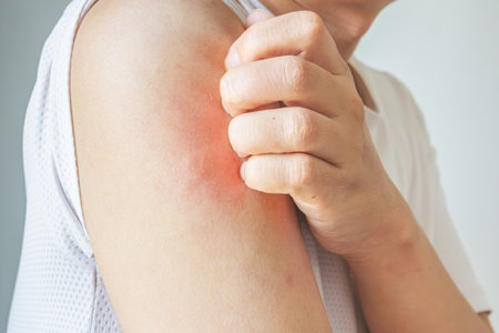Young asian man itching and scratching on arm from allergic itchy dry skin eczema dermatitis insect...