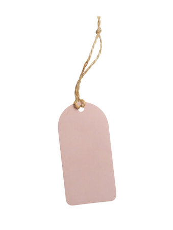 Blank price tag tied with string isolated on white backgroundの写真素材