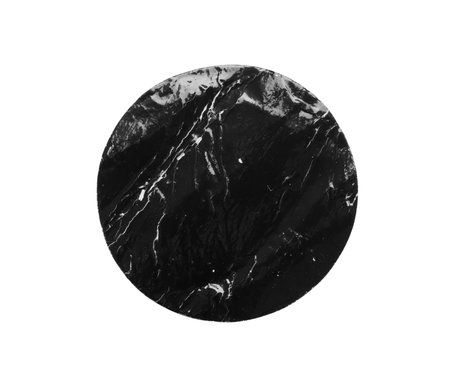 Black old scratched round paper sticker isolated on white backgroundの写真素材