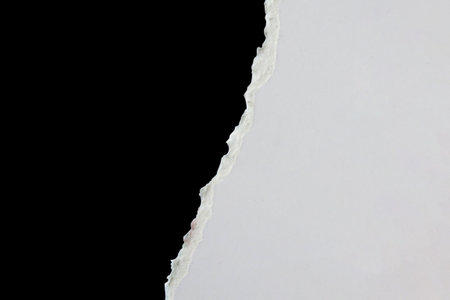 White ripped paper torn edges strips isolated on black backgroundの写真素材