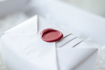 Wax seal stamp on white paper wrap packaging parcel boxの写真素材
