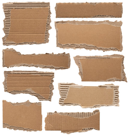 Brown Cardboard paper piece set isolated on white backgroundの写真素材