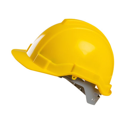 Yellow safety construction helmet isolated on white backgroundの写真素材