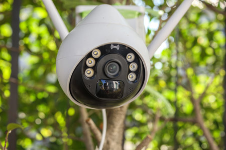 Security IP CCTV camera using solar energy install on the tree for home security systemの写真素材