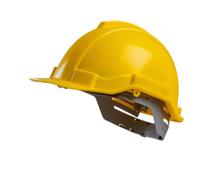 Yellow safety construction helmet isolated on white backgroundの写真素材