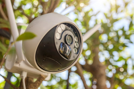 Security IP CCTV camera using solar energy install on the tree for home security systemの写真素材