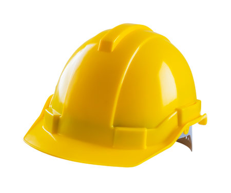 Yellow safety construction helmet isolated on white backgroundの写真素材