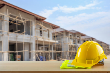 Yellow safety construction helmet on wood table with construction site backgroundの写真素材
