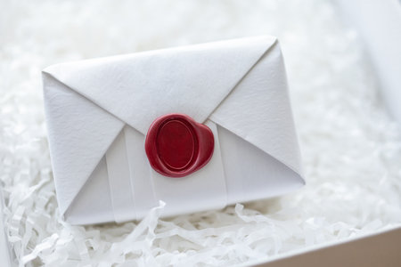 Wax seal stamp on white paper wrap packaging parcel boxの写真素材