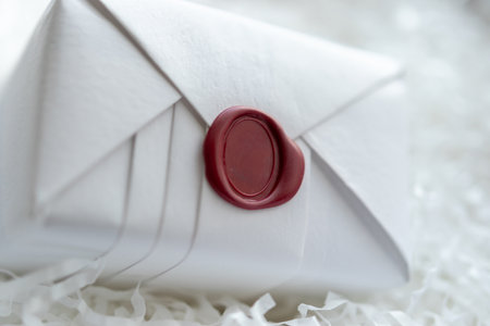 Wax seal stamp on white paper wrap packaging parcel boxの写真素材