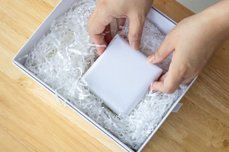 Eco friendly white paper wrap for product packaging parcel carton boxの写真素材