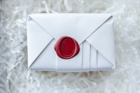 Wax seal stamp on white paper wrap packaging parcel boxの写真素材