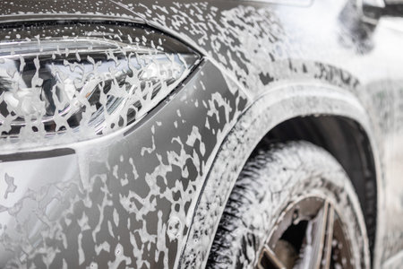 car cleaning and washing with foam soapの写真素材