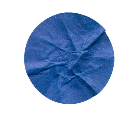 Blank blue round adhesive paper sticker label isolated on white backgroundの写真素材