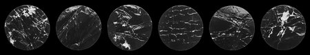 Black old scratched round paper sticker set isolated on black backgroundの写真素材