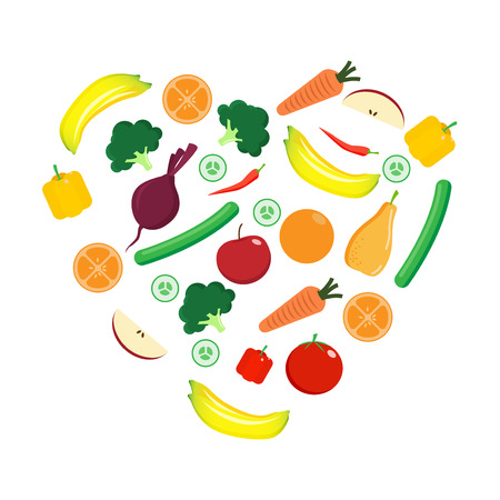 fruit and vegetable. icons set in heart shape. vegetarian , organic and healthy food design concept.のイラスト素材