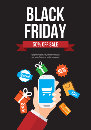 black friday sale. online shopping with smartphone. poster , banner , background or template. vector illustration.のイラスト素材