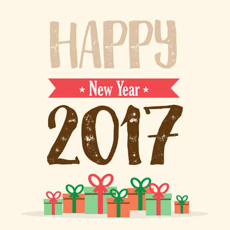happy new year. text with gift box. poster banner. cute design concept. vector illustration.