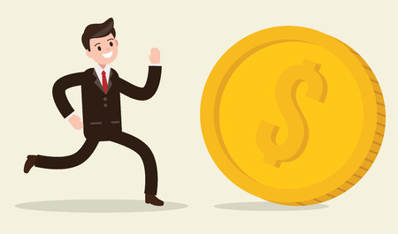 businessman chasing coin. happy worker. business design concept. vector illustration.のイラスト素材