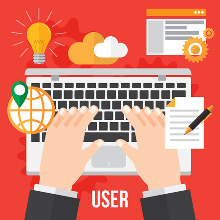 programmer. man working with computer. hand typing. creative and inspiration. vector illustration. information technology and business design concept.のイラスト素材