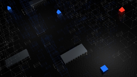 3d render abstract background. Tech geometry shapes that goes up and down. Microchip cross-section...
