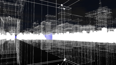 Abstract 3d city rendering with lines and digital elements. Digital skyscrapers with wire texture....