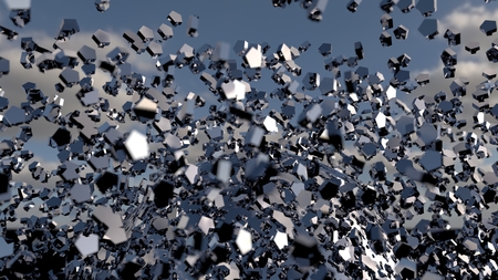 3d render abstract background. Geometry shapes that goes up and down  with sky and cloudの写真素材