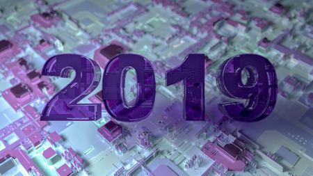 New year 2019. Amazing sci-fi futuristic concept. Unusual gold 3d illustration postcardの写真素材