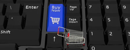 Online shopping concept. Closeup keyboards with a Buy red button and a shopping cart symbol icon. Small shopping cart on Laptop. Black Friday and Cyber Monday concept. 3D illustration. 3D renderingの写真素材