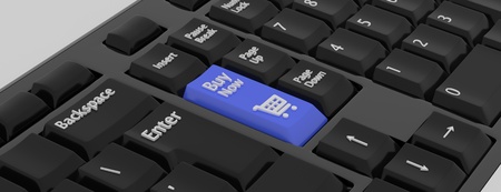 Online shopping concept. Closeup keyboards with a Buy red button symbol icon. Small shopping cart on Laptop. Black Friday and Cyber Monday concept. 3D illustration. 3D renderingの写真素材