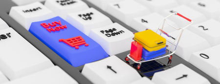 Online booking concept. 3D illustration. 3D rendering. Closeup keyboards with a Buy button and a shopping cart symbol icon. Small shopping cart with suitcase on Laptop. 3D illustration. 3D rendering.の写真素材