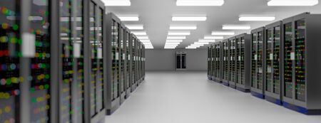 Server racks in server room cloud data center. Exit door. Datacenter hardware cluster. Backup,...